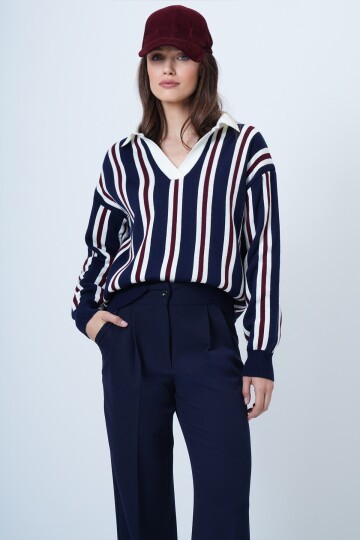 Polo Yaka Çizgili Triko Kazak