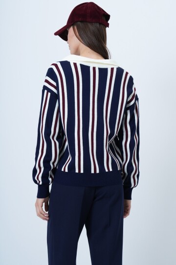Polo Yaka Çizgili Triko Kazak