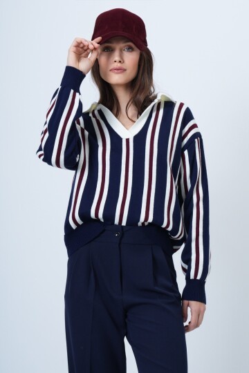 Polo Yaka Çizgili Triko Kazak