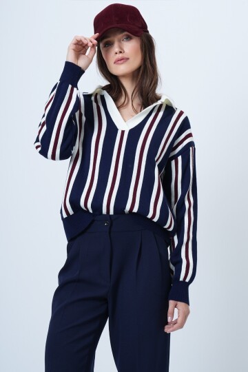 Polo Yaka Çizgili Triko Kazak