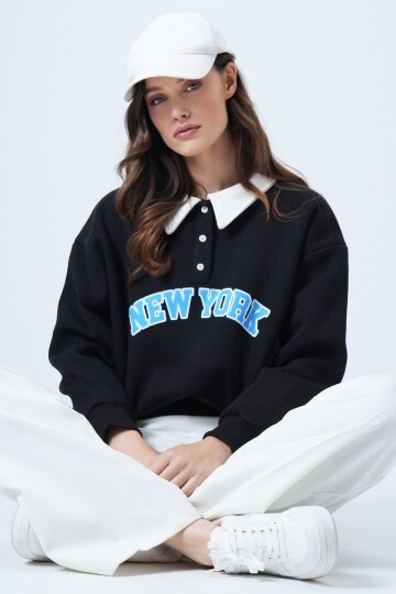 Polo Yaka Düğme DEtaylı Baskılı Oversize Sweatshirt