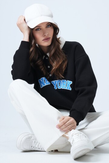 Polo Yaka Düğme DEtaylı Baskılı Oversize Sweatshirt