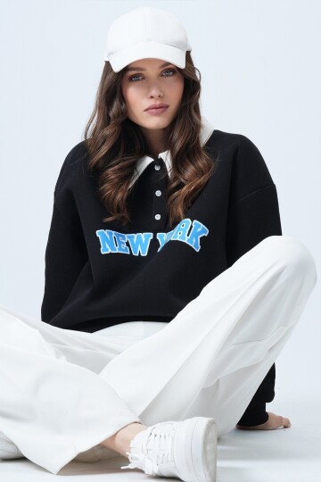 Polo Yaka Düğme DEtaylı Baskılı Oversize Sweatshirt