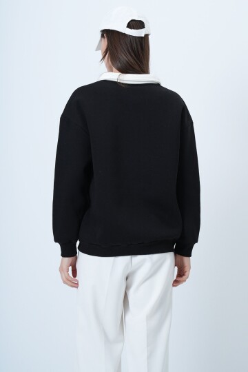 Polo Yaka Düğme DEtaylı Baskılı Oversize Sweatshirt