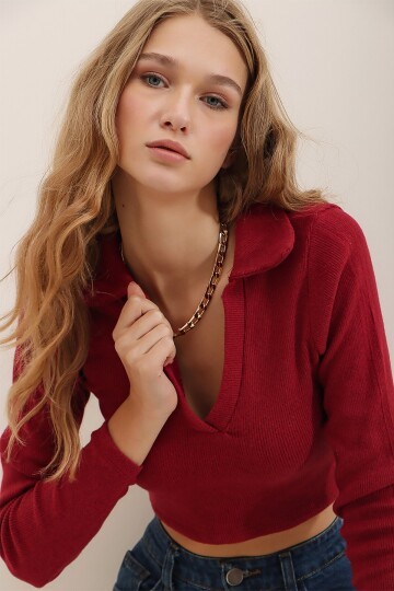 Polo Yaka Fitilli Yumuşak Dokulu Crop Bluz