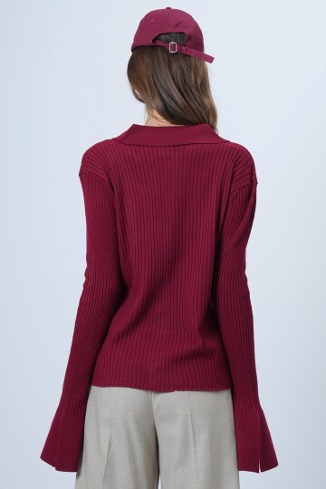 Polo Yaka Önü Düğmeli Fitilli Kolları Balenli Triko Bluz