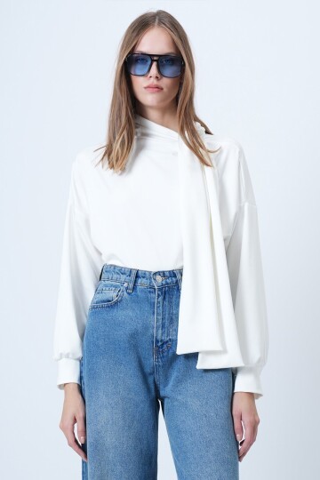 Şal Detaylı Regular Fit Modal Kumaş Bluz