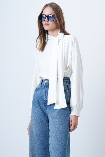 Şal Detaylı Regular Fit Modal Kumaş Bluz