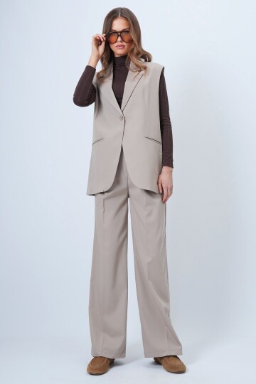 Tek Düğmeli Çift Cepli Astarlı Yelek Pantolon Takım