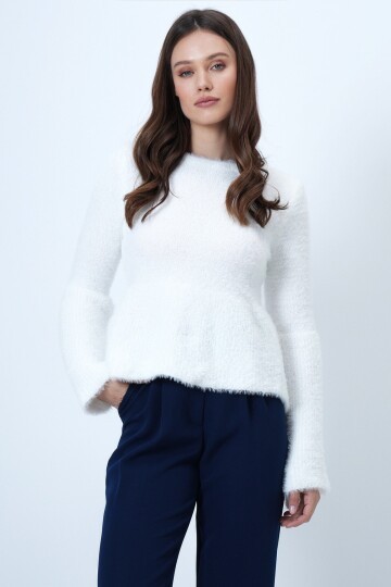 Uzun Kollu Fırfırlı Triko Yumoş  Kazak