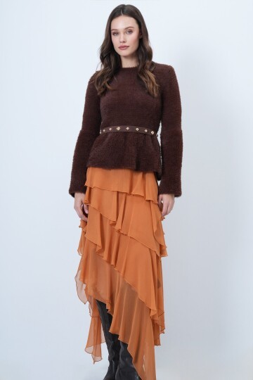 Uzun Kollu Fırfırlı Triko Yumoş  Kazak