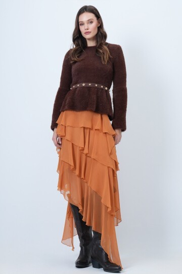 Uzun Kollu Fırfırlı Triko Yumoş  Kazak