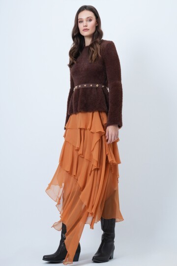 Uzun Kollu Fırfırlı Triko Yumoş  Kazak