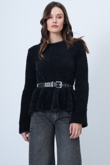 Uzun Kollu Fırfırlı Triko Yumoş  Kazak