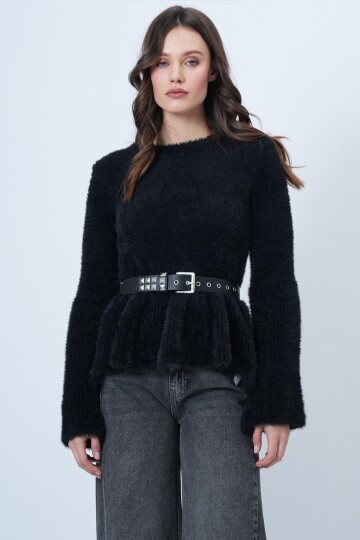 Uzun Kollu Fırfırlı Triko Yumoş  Kazak