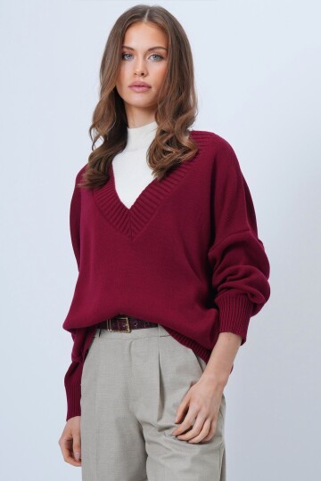 V Yaka Geniş Ribanalı Örgü Uzun Kollu Triko Kazak