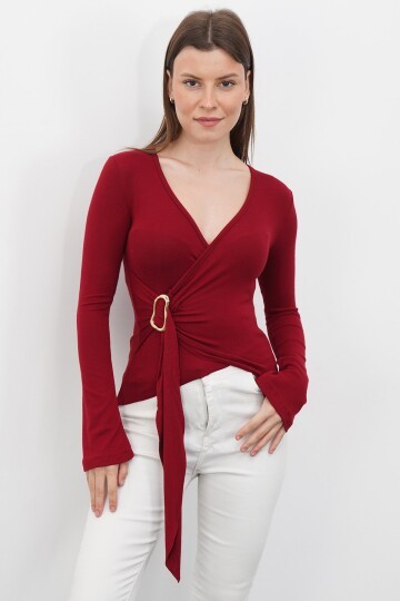 V Yaka Gold Aksesuarlı Ottaban Bluz