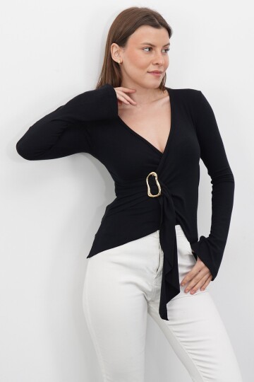 V Yaka Gold Aksesuarlı Ottaban Bluz