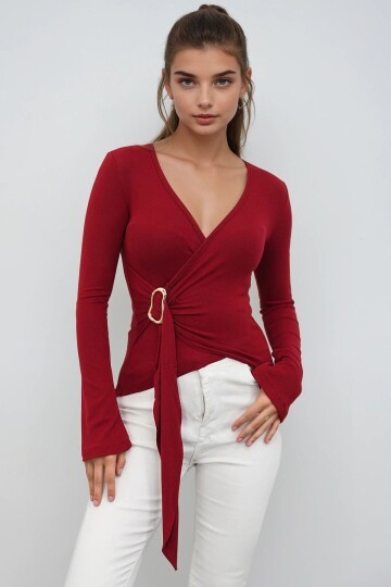 V Yaka Gold Aksesuarlı Ottaban Bluz