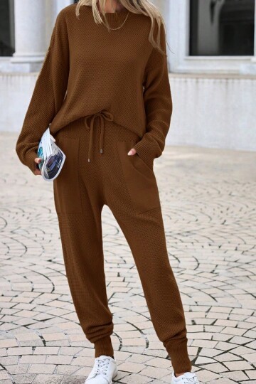 Vizon Triko Bisiklet Yaka Uzun Kollu Bluz ve Bağcıklı Jogger Pantolon Takım