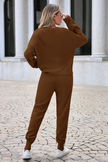 Vizon Triko Bisiklet Yaka Uzun Kollu Bluz ve Bağcıklı Jogger Pantolon Takım