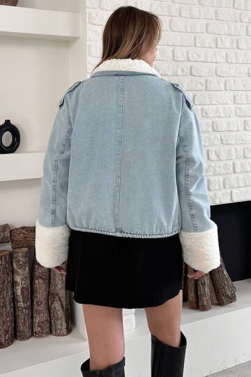 Yakası ve Kolları Pelu Fermuar Kapamalı Çift Cepli Denim Ceket