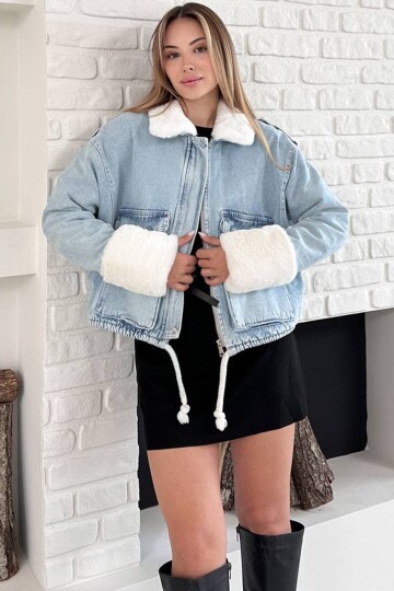 Yakası ve Kolları Pelu Fermuar Kapamalı Çift Cepli Denim Ceket