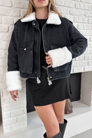 Yakası ve Kolları Pelu Fermuar Kapamalı Çift Cepli Denim Ceket