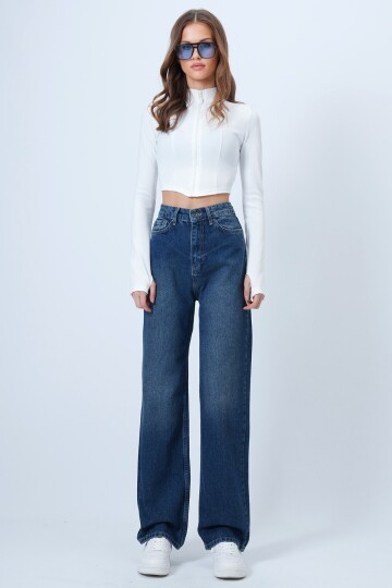 Yüksek Bel Düz Paça 5 Cepli Denim Pantolon