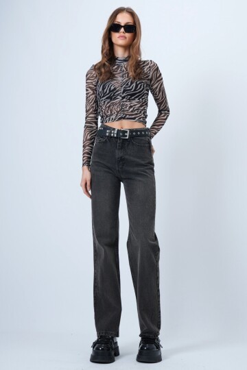 Yüksek Bel Düz Paça 5 Cepli Denim Pantolon