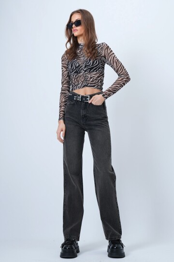 Yüksek Bel Düz Paça 5 Cepli Denim Pantolon