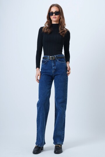 Yüksek Bel Düz Paça 5 Cepli Denim Pantolon