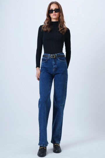Yüksek Bel Düz Paça 5 Cepli Denim Pantolon