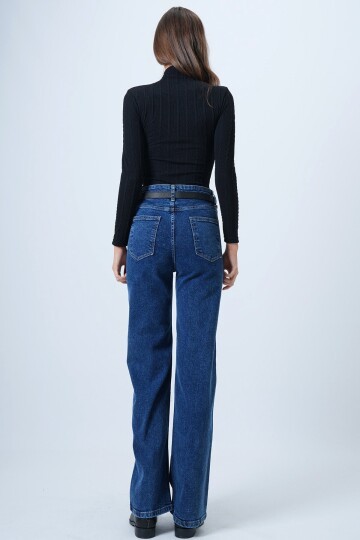 Yüksek Bel Düz Paça 5 Cepli Denim Pantolon