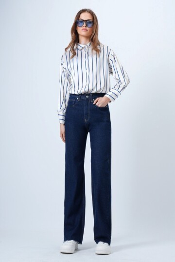 Yüksek Bel Geniş Püskül Paça 5 Cepli Denim Pantolon