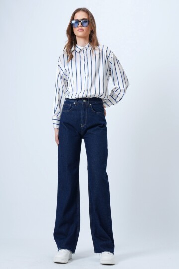 Yüksek Bel Geniş Püskül Paça 5 Cepli Denim Pantolon