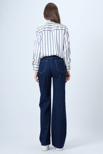 Yüksek Bel Geniş Püskül Paça 5 Cepli Denim Pantolon