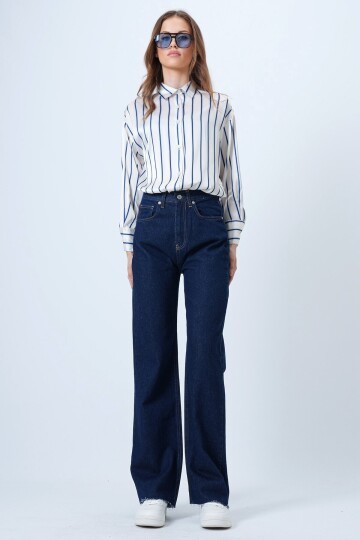 Yüksek Bel Geniş Püskül Paça 5 Cepli Denim Pantolon