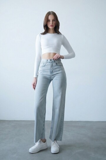 Açık Mavi 5 Cepli Paçası Püsküllü Bol Paça Jean