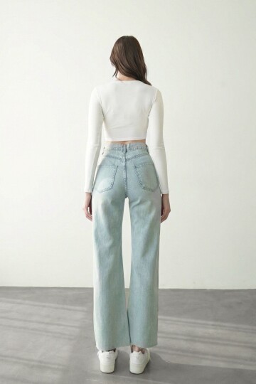 Açık Mavi 5 Cepli Paçası Püsküllü Bol Paça Jean