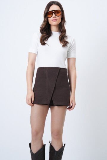 Anvelop Kesim Fermuar Kapamalı Mini Şort Etek