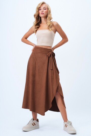 Asimetrik Kesim Beli Bağlamalı Suni Süet Etek