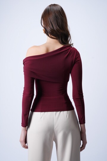 Bordo Asimetrik Likralı Bluz