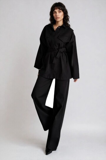 Bağlamalı Gömlek ve 5 Cepli Palazzo Pantolon Denim Takım