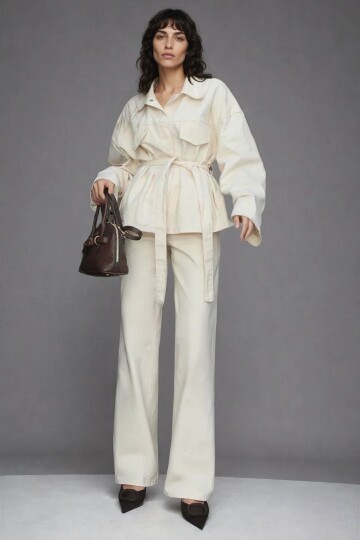 Bağlamalı Gömlek ve 5 Cepli Palazzo Pantolon Denim Takım