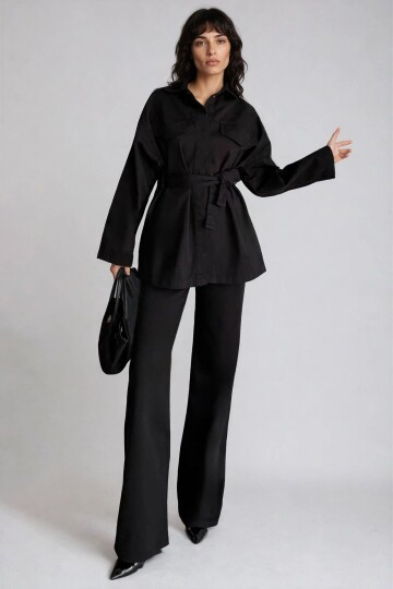 Bağlamalı Gömlek ve 5 Cepli Palazzo Pantolon Denim Takım