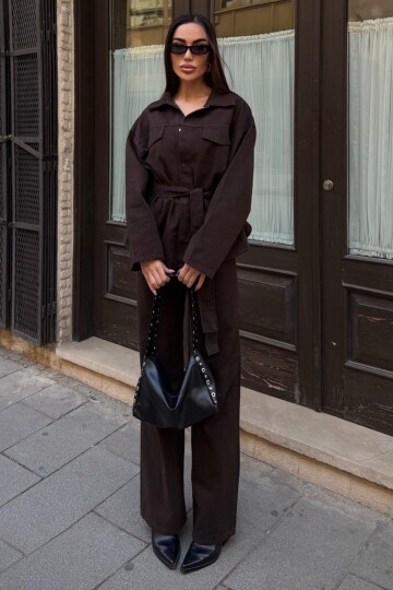 Bağlamalı Gömlke ve 5 Cepli Palazzo Pantolon Denim Takım