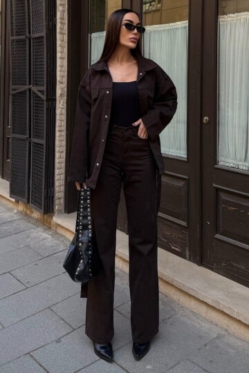 Bağlamalı Gömlke ve 5 Cepli Palazzo Pantolon Denim Takım