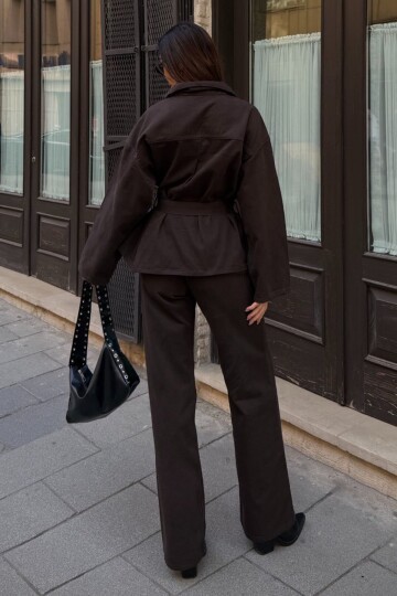 Bağlamalı Gömlke ve 5 Cepli Palazzo Pantolon Denim Takım