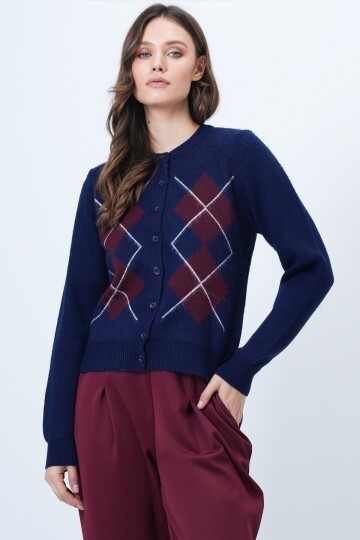 Baklava Desenli Düğmeli Triko Hırka